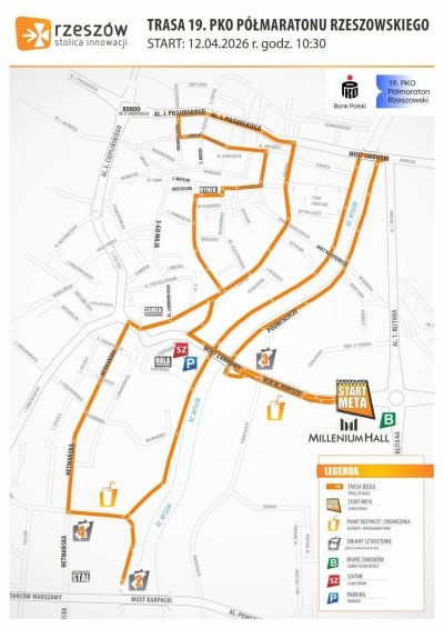 grafika przedstawiająca mapę biegu 19.PKO P&oacute;łmaraton Rzeszowski 2026