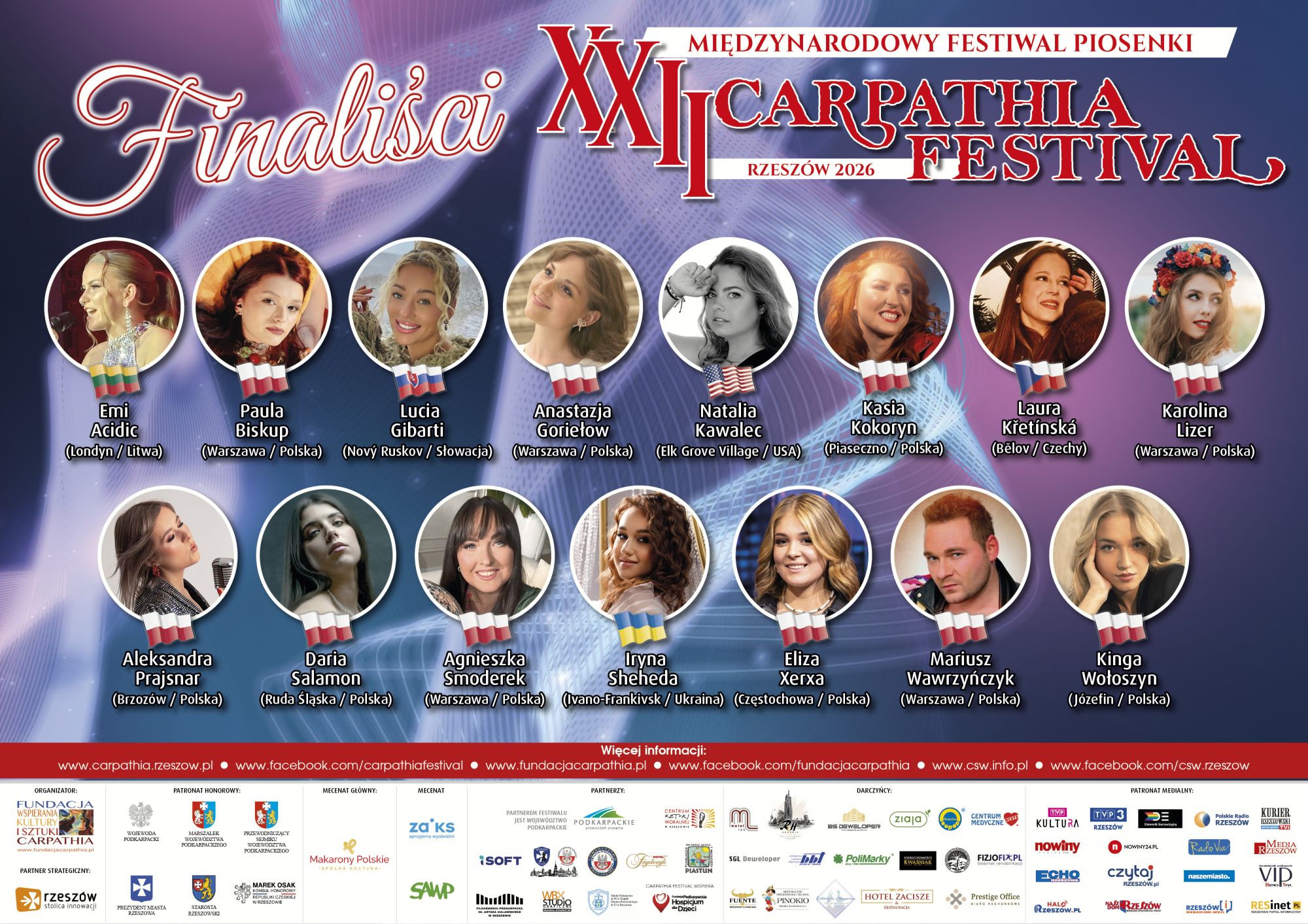 plakat promujący finalist&oacute;w XXII Międzynarodowego Festiwalu Piosenki "Carpathia Festival" Rzesz&oacute;w 2026