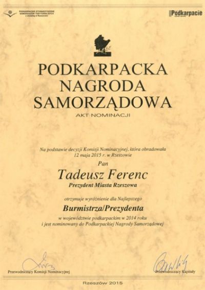 Dyplom dla Prezydenta Rzeszowa