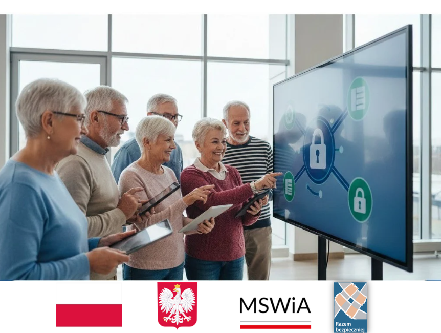 Grupa senior&oacute;w przed tablicą. W rękach trzymaja smarfony. Ponizej logotypy - falga polski, godło polski, logo Ministerstwa Spraw Wewnętrznych i Administracji oraz Programu Razem Bezpieczniej